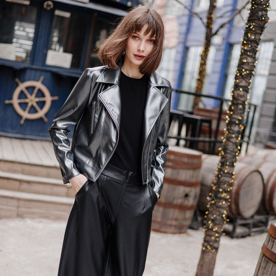 Vegan Sheen - Zip Cuff Moto Waist Jacket - Gunmetal