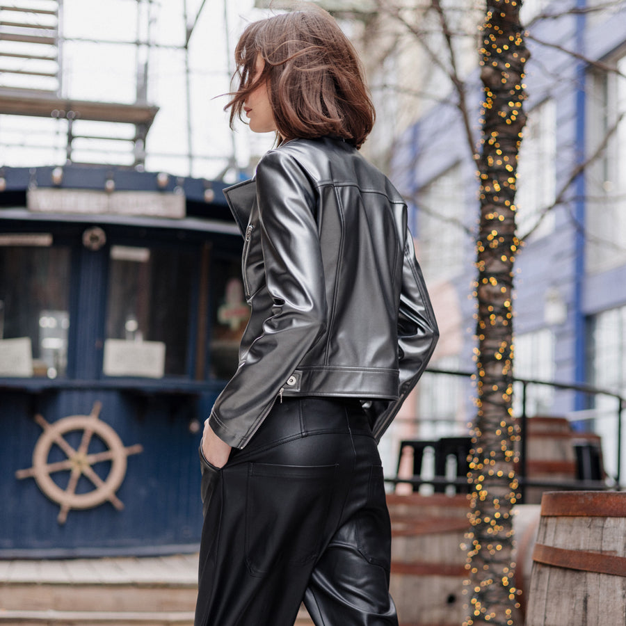 Vegan Sheen - Zip Cuff Moto Waist Jacket - Gunmetal