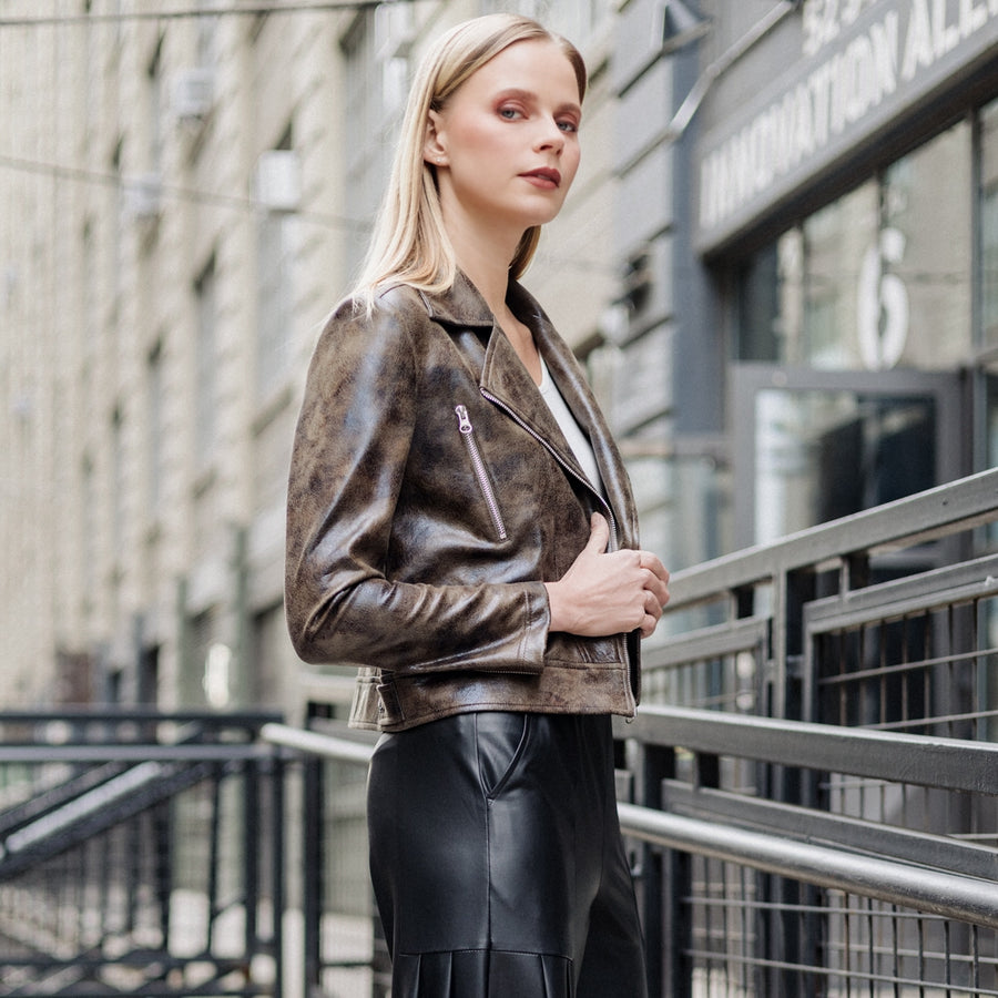 Vegan Leather - Distressed Zip Cuff Moto Waist Jacket - Brown