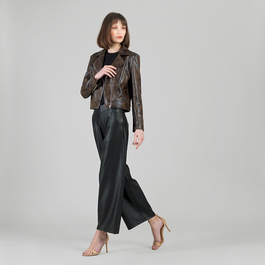Vegan Leather - Distressed Zip Cuff Moto Waist Jacket - Brown
