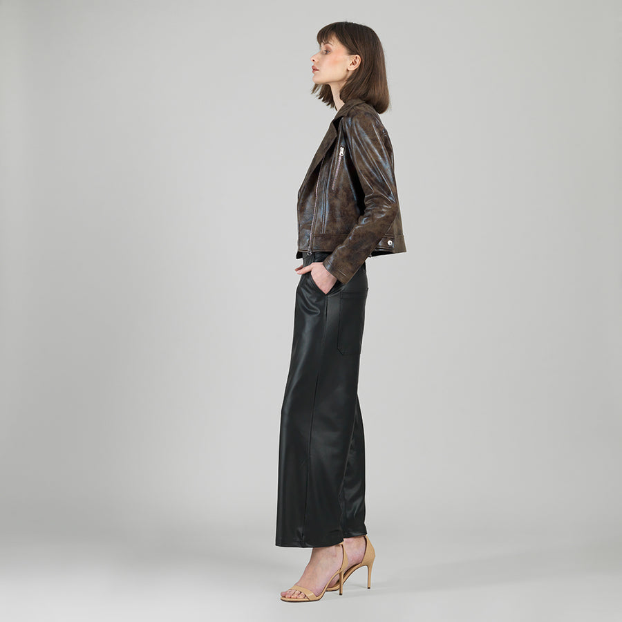 Vegan Leather - Distressed Zip Cuff Moto Waist Jacket - Brown