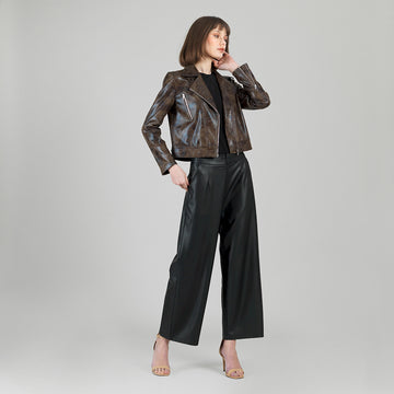 Vegan Leather - Distressed Zip Cuff Moto Waist Jacket - Brown