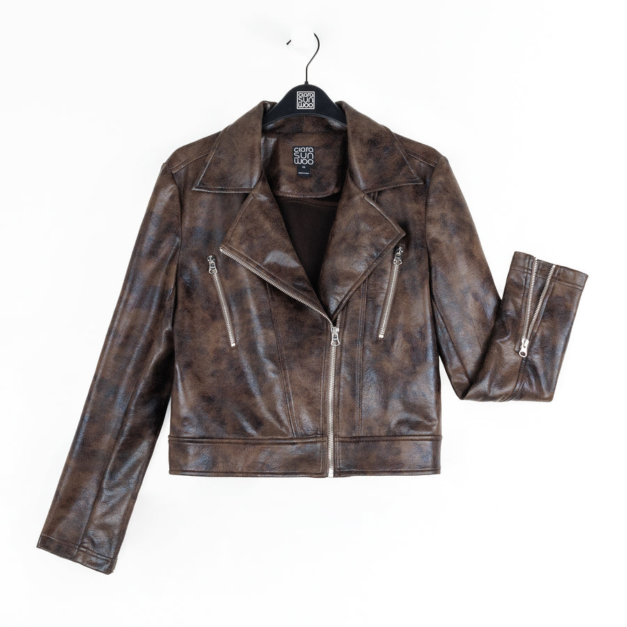 Vegan Leather - Distressed Zip Cuff Moto Waist Jacket - Brown