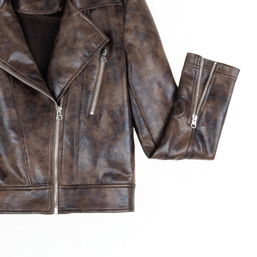 Vegan Leather - Distressed Zip Cuff Moto Waist Jacket - Brown