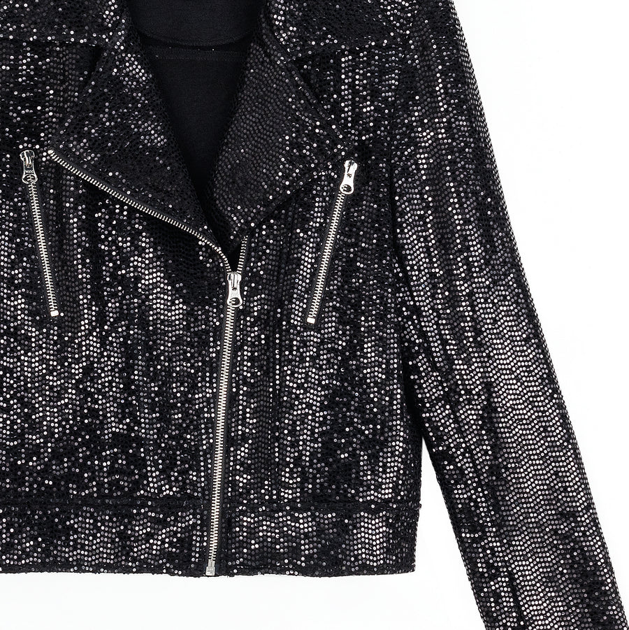 Sequin Knit - Moto Waist Jacket - Black