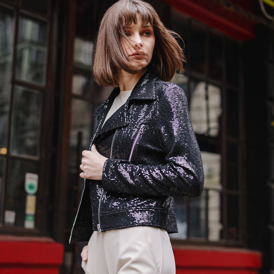 Sequin Knit - Moto Waist Jacket - Black