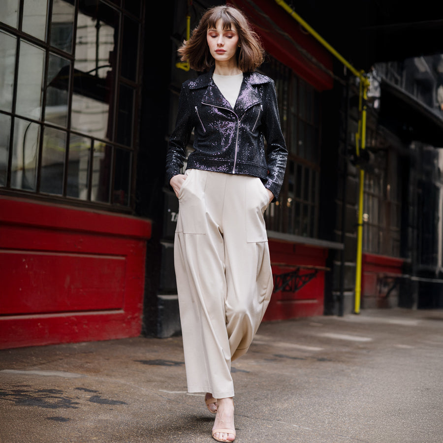 Sequin Knit - Moto Waist Jacket - Black