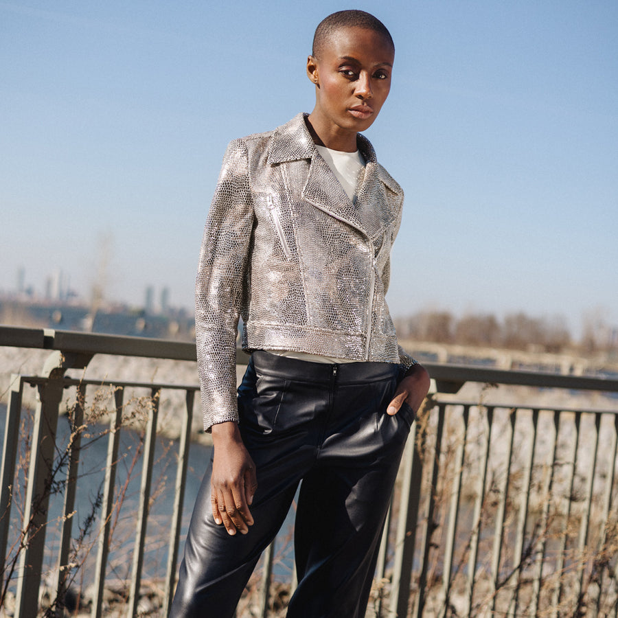 Sequin Knit - Moto Waist Jacket - Champagne