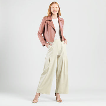 Rayon-Ponte Knit - Pleated Wide Leg Pocket Pant - Khaki