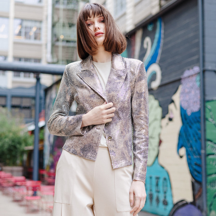 Sequin Knit - Modern Button Blazer - Champagne