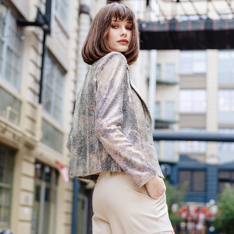Sequin Knit - Modern Button Blazer - Champagne