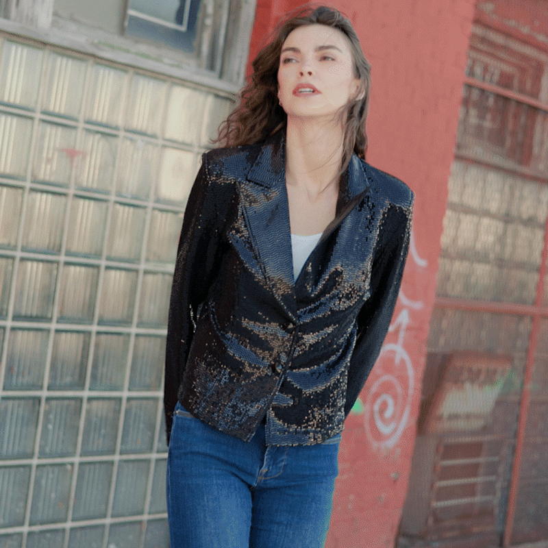 Sequin Knit - Modern Button Blazer - Black