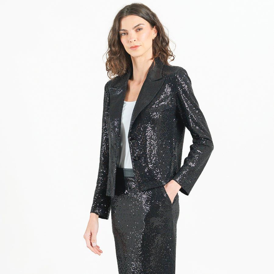 Sequin Knit - Modern Button Blazer - Black