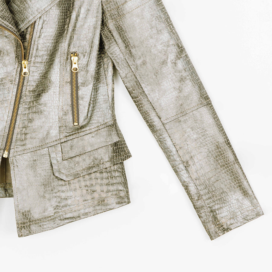 METALLIC PRINTED CROC LEATHER BIKER JACKET