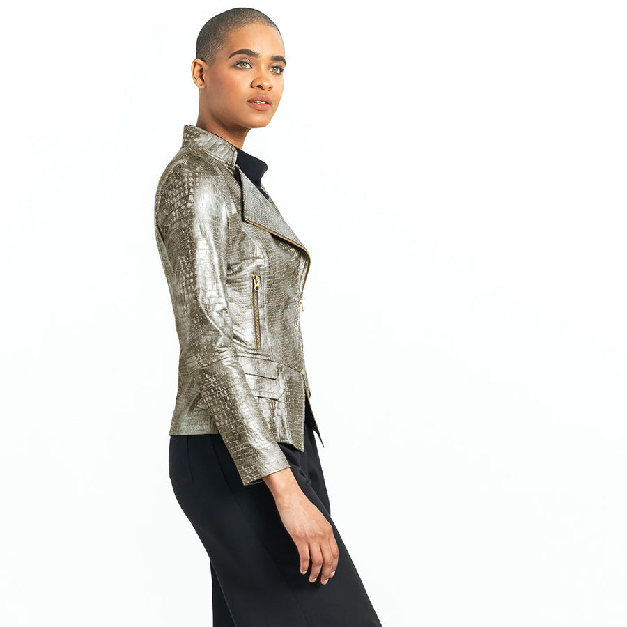 METALLIC PRINTED CROC LEATHER BIKER JACKET