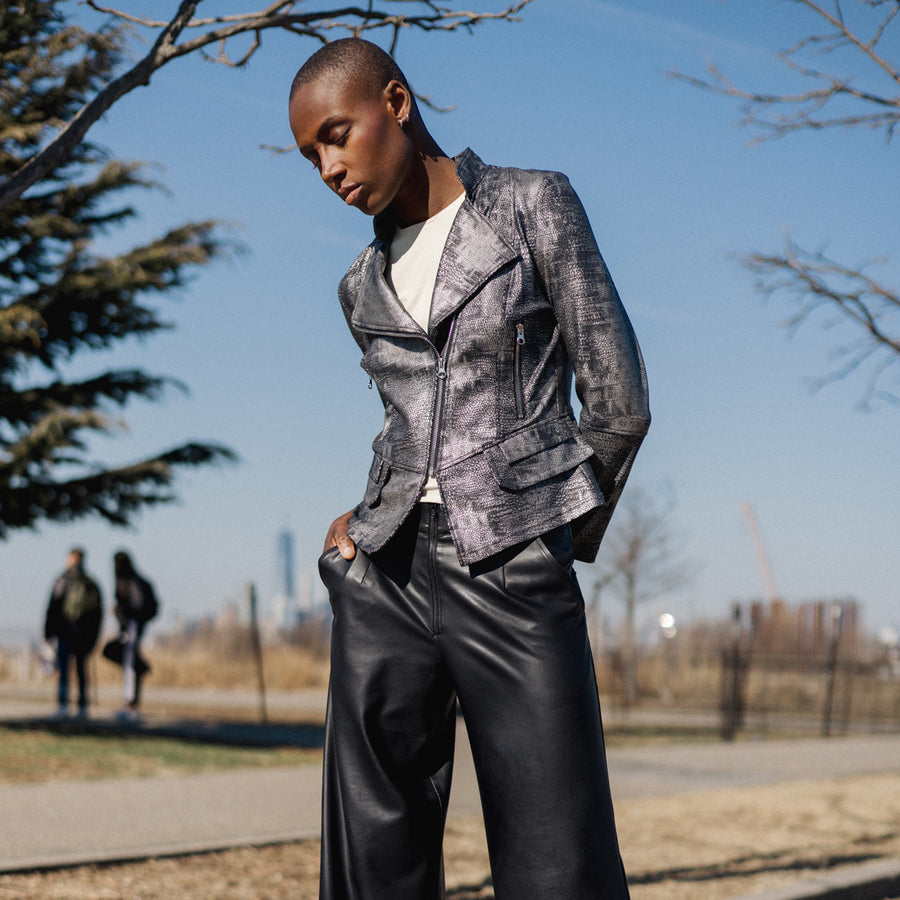 Metallic Liquid Leather™ Textured Biker Jacket - Gunmetal Silver
