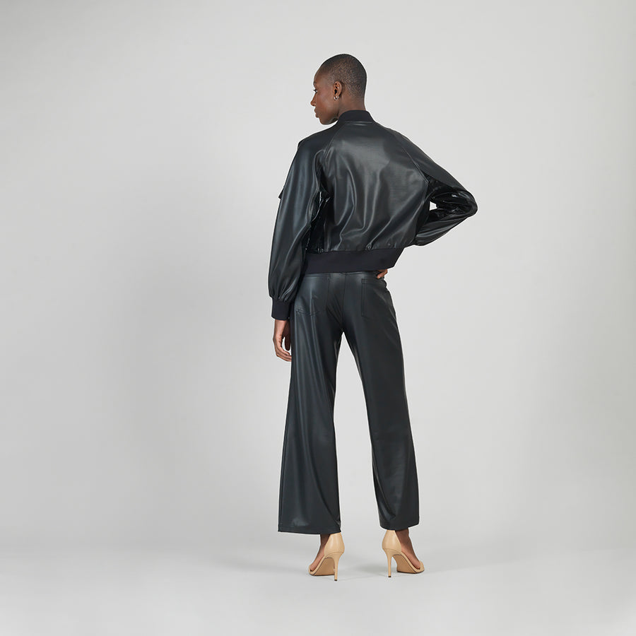 Liquid Leather™ + Vinyl Panel Varsity Bomber Jacket - Black
