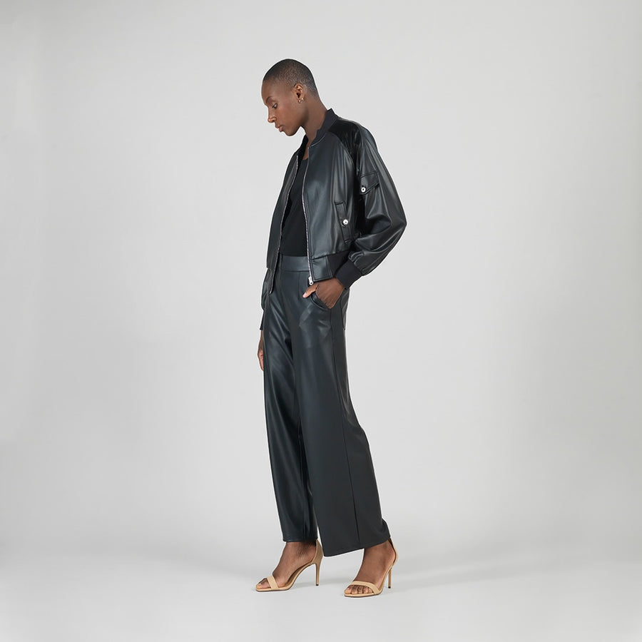 Liquid Leather™ + Vinyl Panel Varsity Bomber Jacket - Black