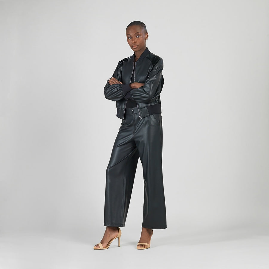 Liquid Leather™ + Vinyl Panel Varsity Bomber Jacket - Black