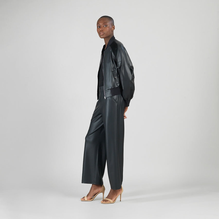 Liquid Leather™ + Vinyl Panel Varsity Bomber Jacket - Black