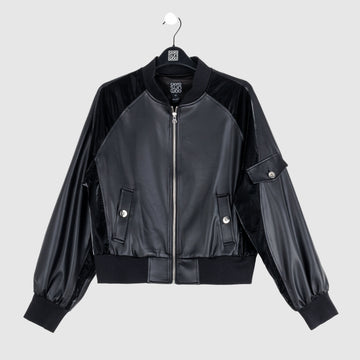 Liquid Leather™ + Vinyl Panel Varsity Bomber Jacket - Black