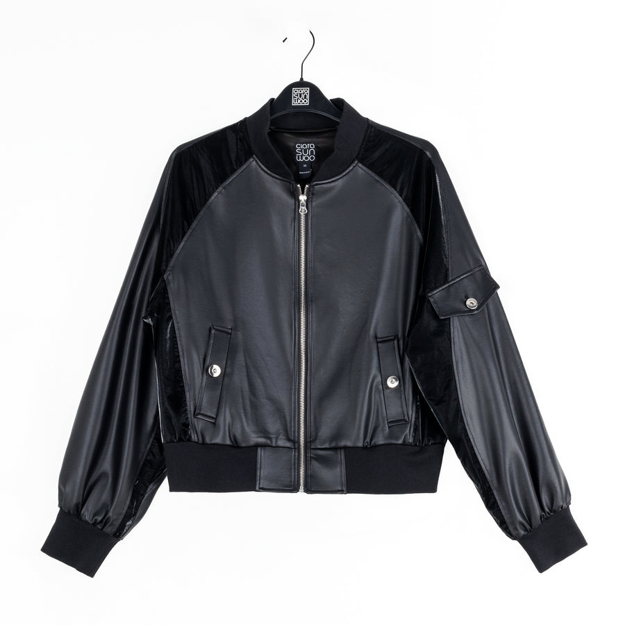 Liquid Leather™ + Vinyl Panel Varsity Bomber Jacket - Black