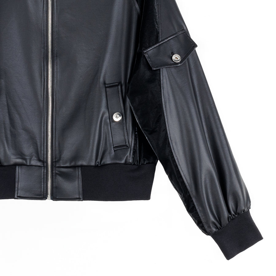 Liquid Leather™ + Vinyl Panel Varsity Bomber Jacket - Black