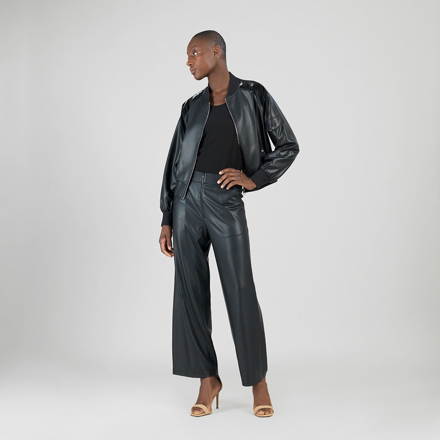 Liquid Leather™ + Vinyl Panel Varsity Bomber Jacket - Black