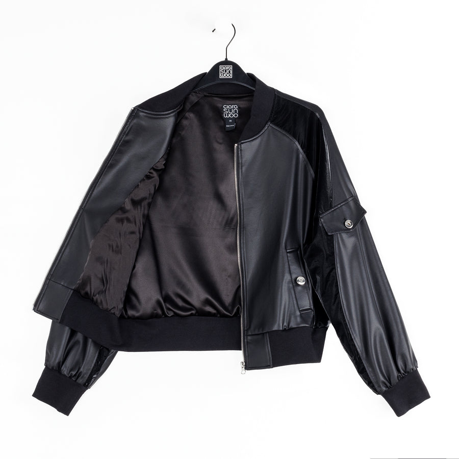 Liquid Leather™ + Vinyl Panel Varsity Bomber Jacket - Black