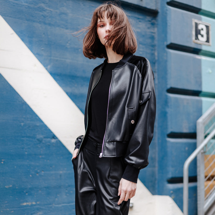 Liquid Leather™ + Vinyl Panel Varsity Bomber Jacket - Black