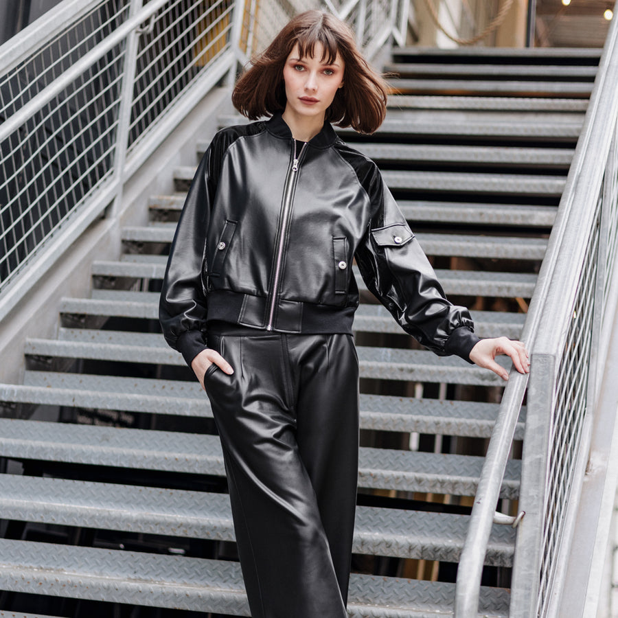 Liquid Leather™ + Vinyl Panel Varsity Bomber Jacket - Black