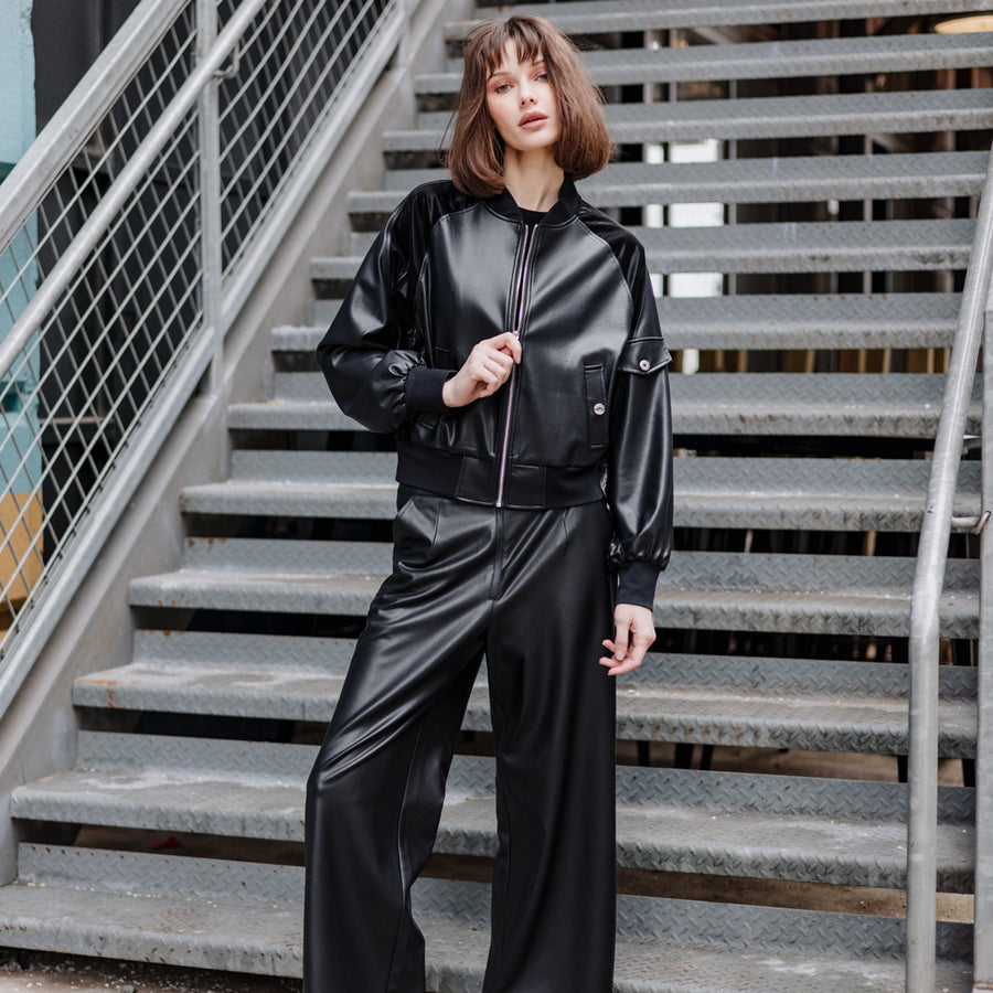 Liquid Leather™ + Vinyl Panel Varsity Bomber Jacket - Black
