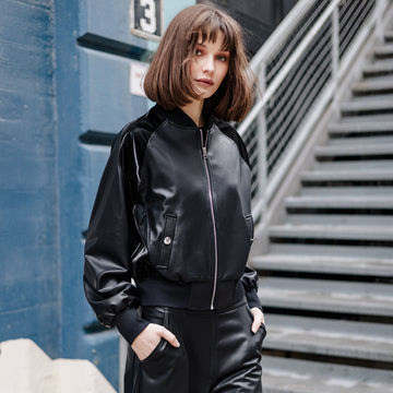 Liquid Leather™ + Vinyl Panel Varsity Bomber Jacket - Black