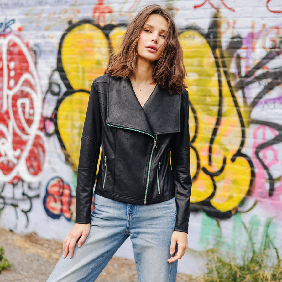 Liquid Leather™ Drape Neck Zip Jacket - Black