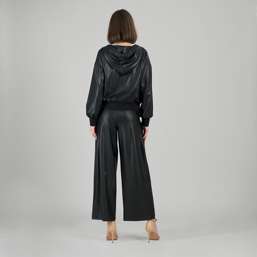 Liquid Leather™ Hooded Drawstring Track Jacket - Black