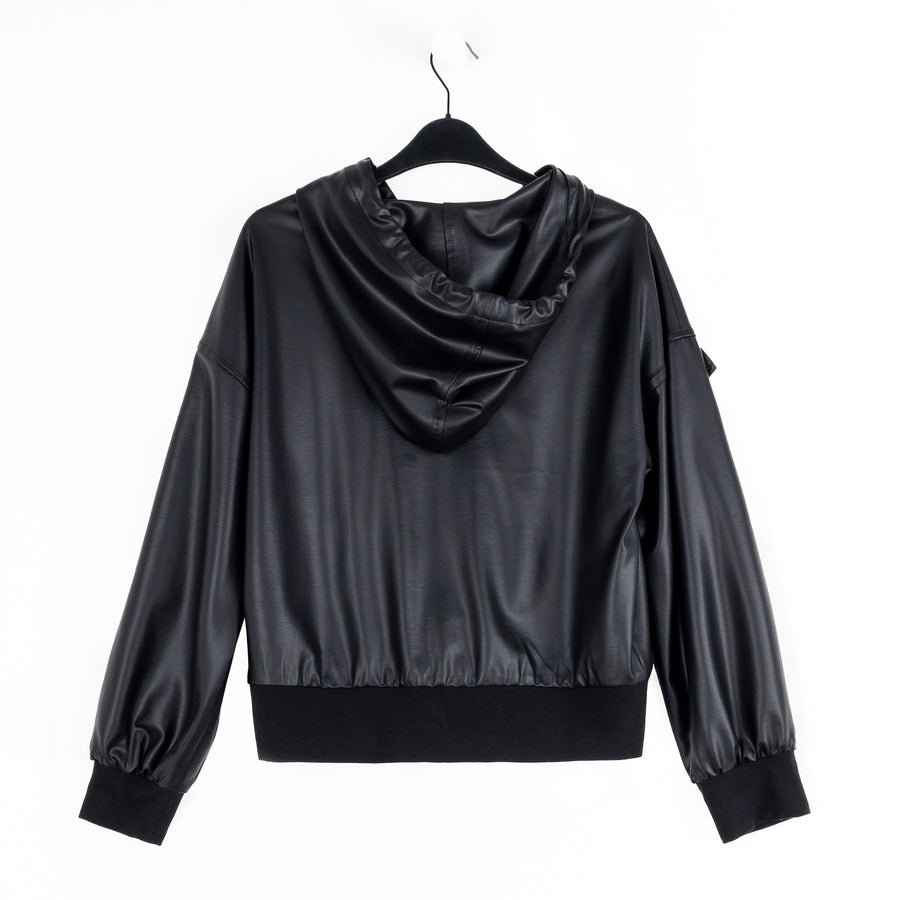 Liquid Leather™ Hooded Drawstring Track Jacket - Black