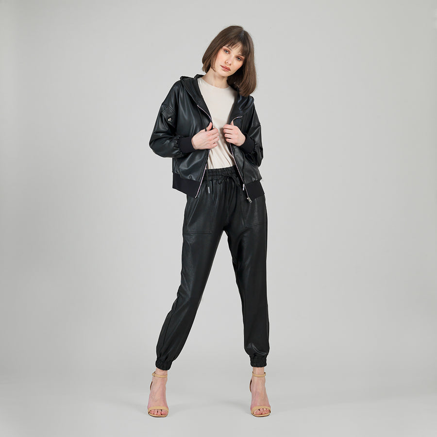Liquid Leather™ Hooded Drawstring Track Jacket - Black