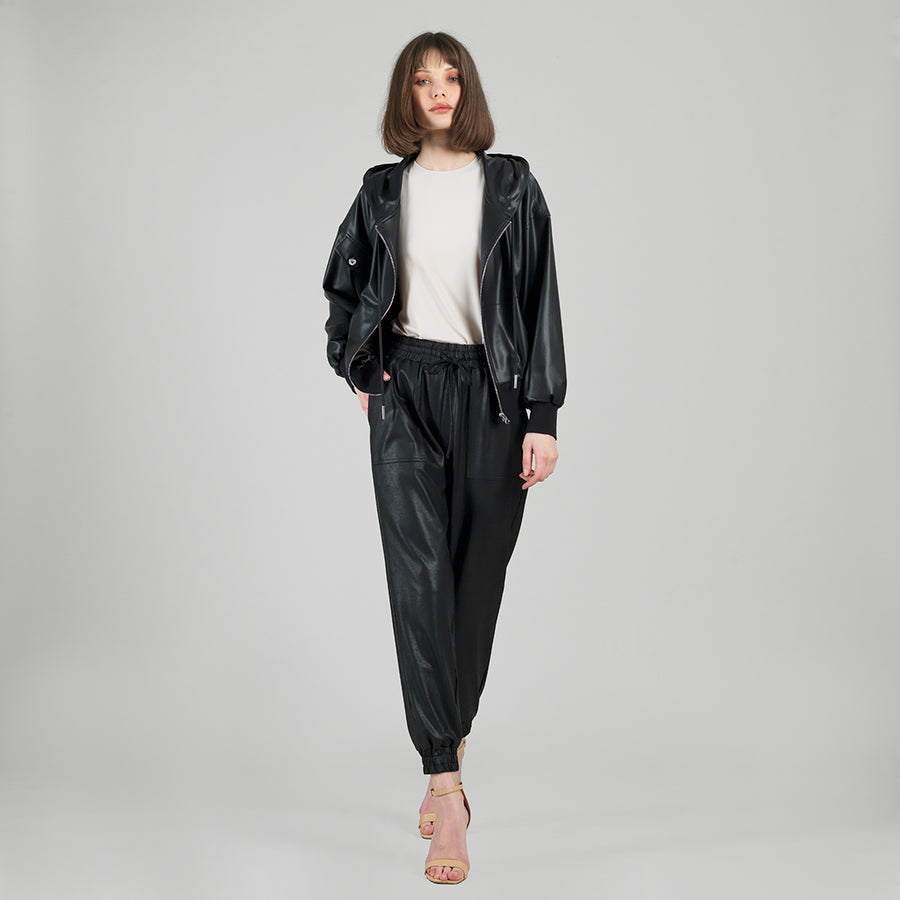 Liquid Leather™ Hooded Drawstring Track Jacket - Black