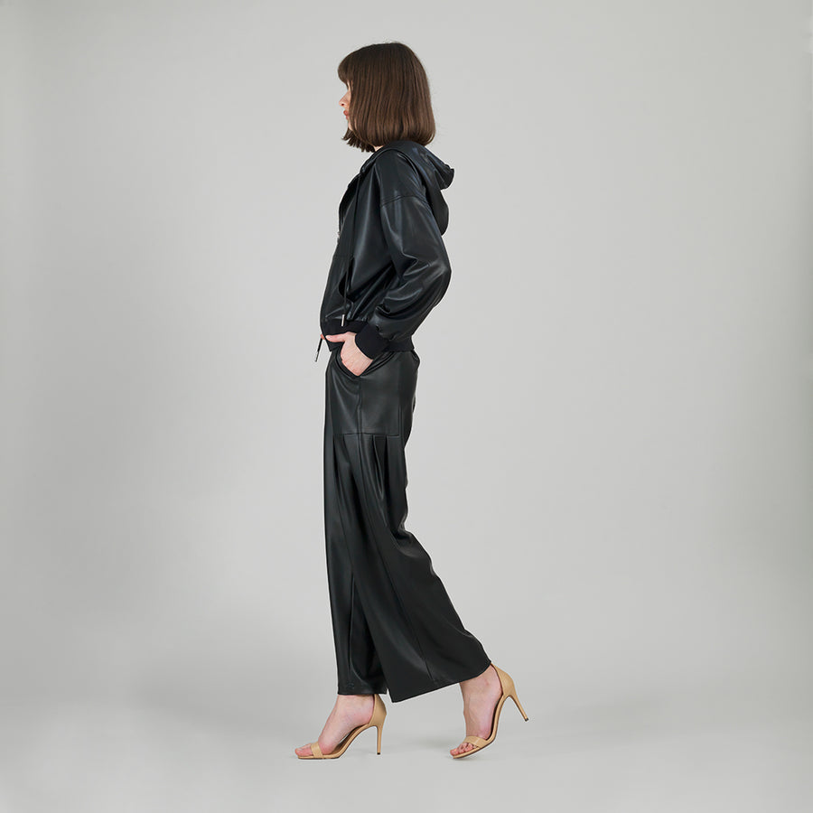Liquid Leather™ Hooded Drawstring Track Jacket - Black