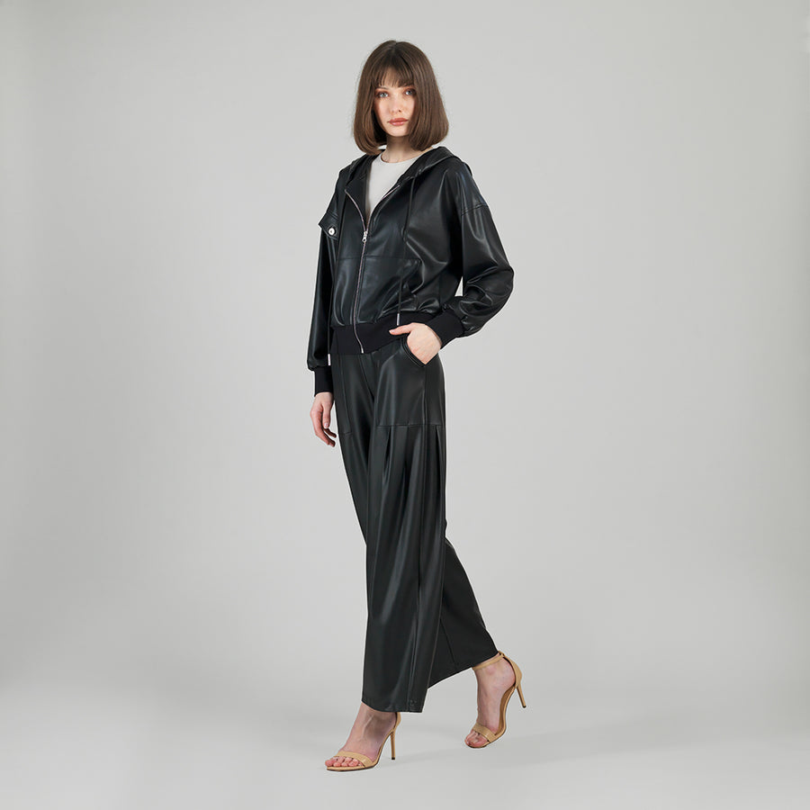 Liquid Leather™ Hooded Drawstring Track Jacket - Black