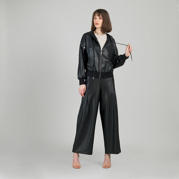 Liquid Leather™ Hooded Drawstring Track Jacket - Black
