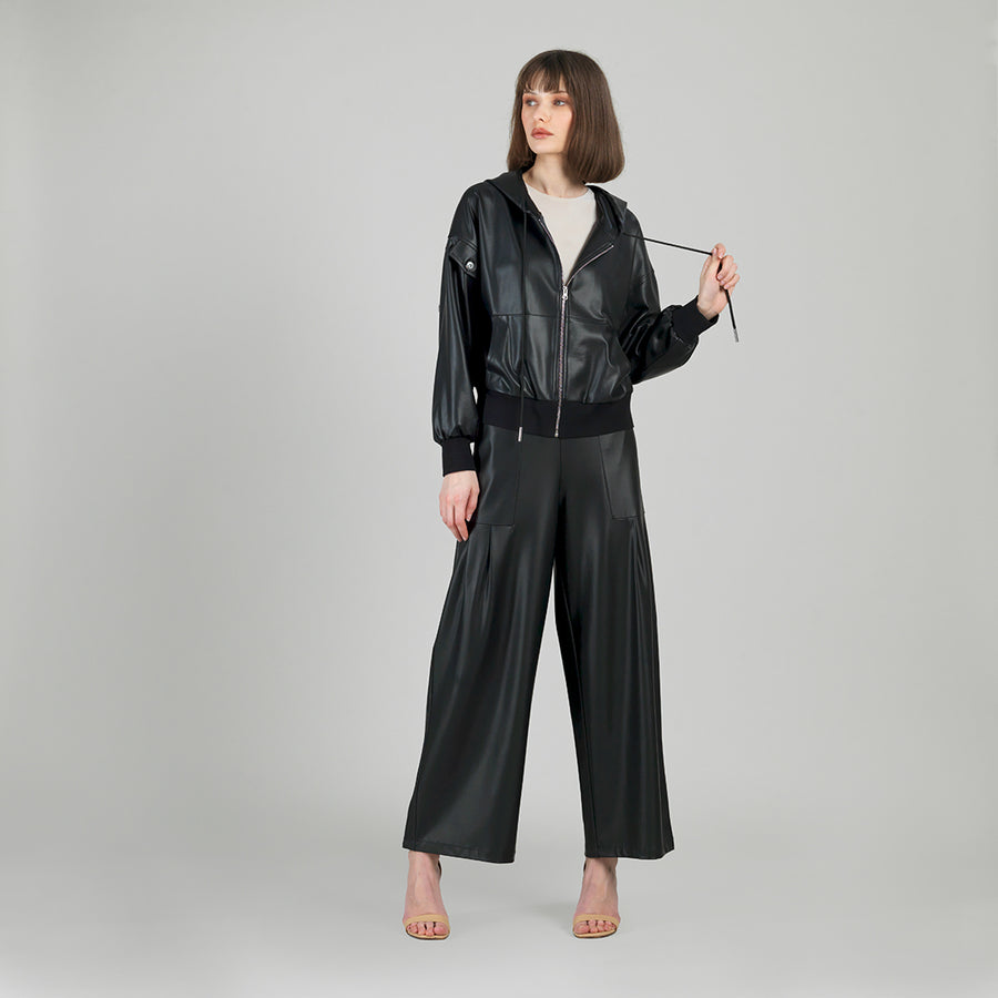 Liquid Leather™ Hooded Drawstring Track Jacket - Black