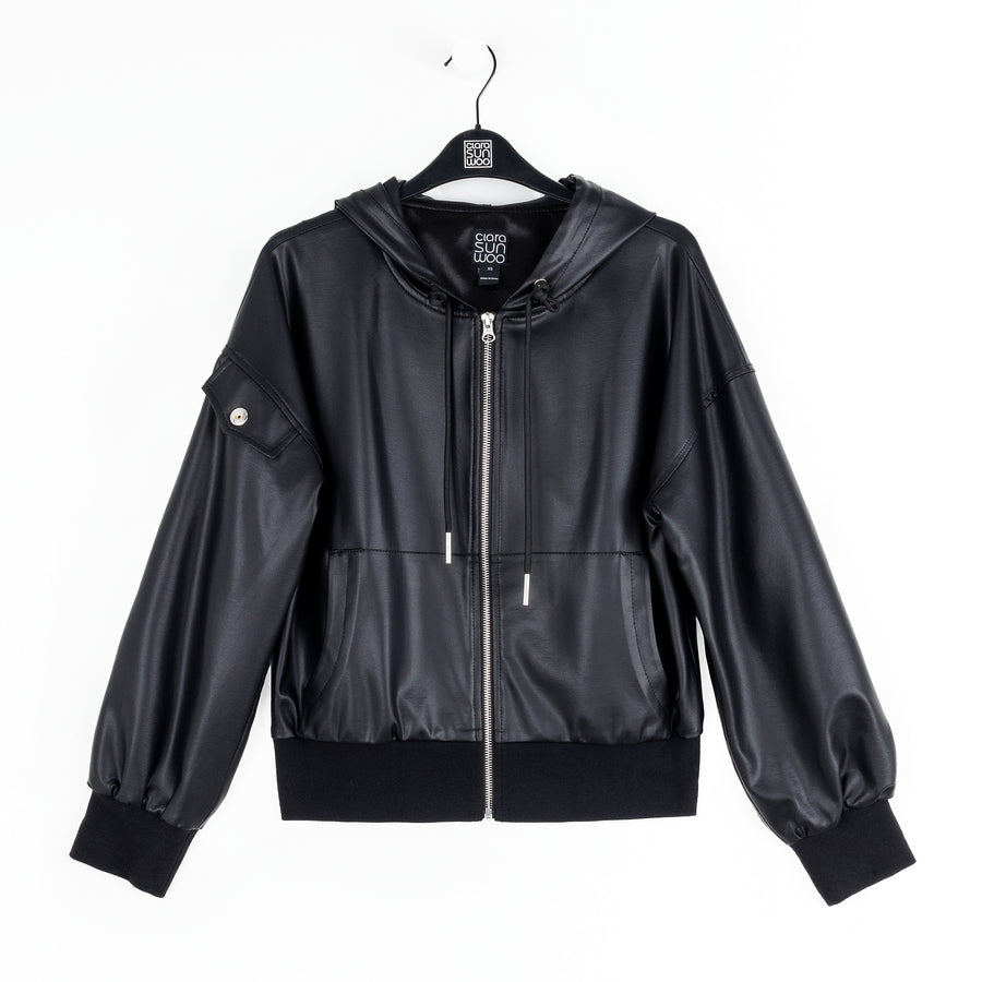 Liquid Leather™ Hooded Drawstring Track Jacket - Black
