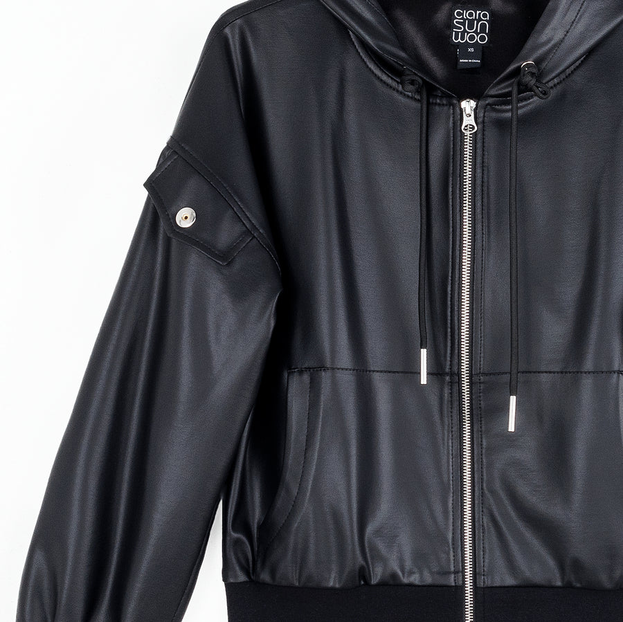 Liquid Leather™ Hooded Drawstring Track Jacket - Black