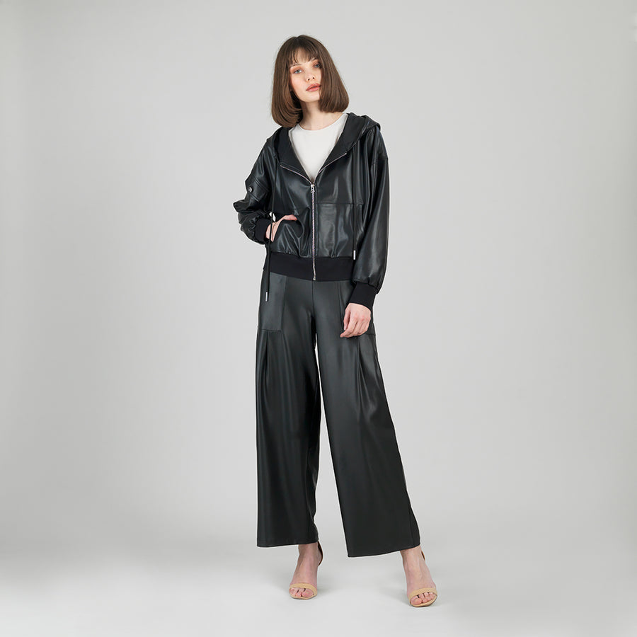 Liquid Leather™ Hooded Drawstring Track Jacket - Black