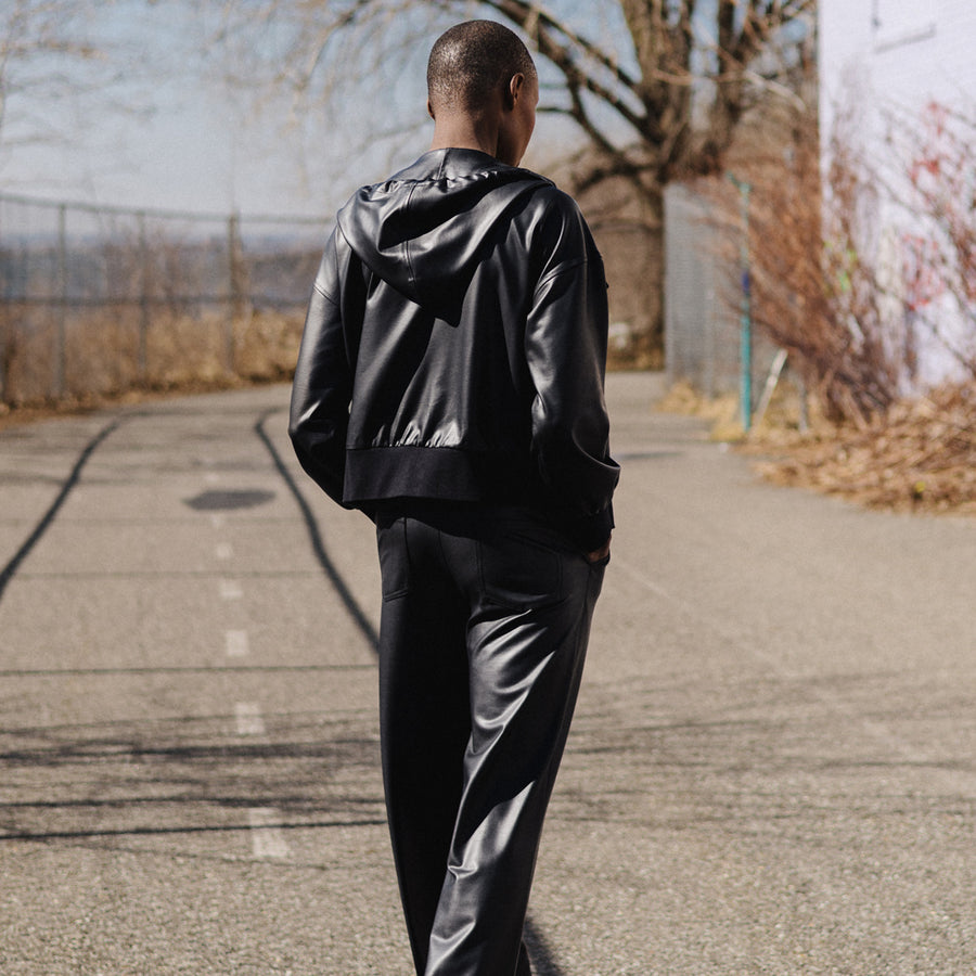 Liquid Leather™ Hooded Drawstring Track Jacket - Black
