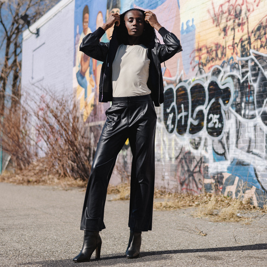 Liquid Leather™ Hooded Drawstring Track Jacket - Black