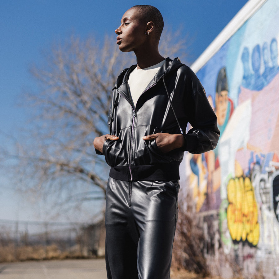 Liquid Leather™ Hooded Drawstring Track Jacket - Black