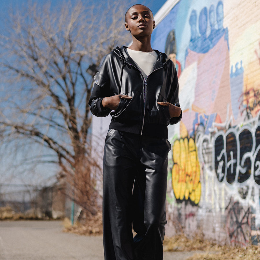Liquid Leather™ Hooded Drawstring Track Jacket - Black