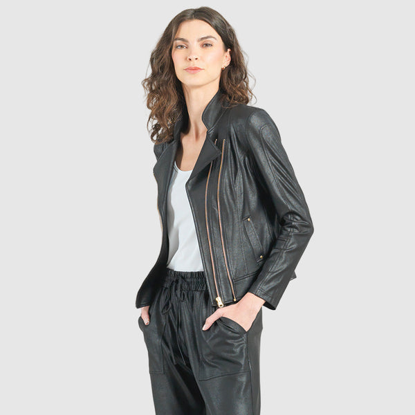 【WOOHWA】PUM LEATHER 2WAY BLOUSON Vinyl + Liquid Leather™ Panel Zip Cuff Pocket Jacket - Black